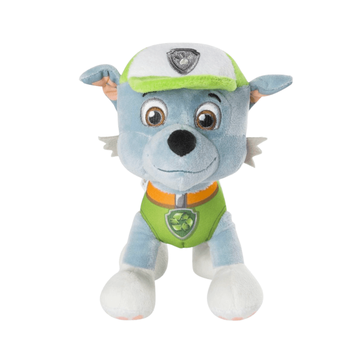 peluche Rocky de Pat Patrouille en tissu bleu et vert, avec casquette, gilet de recyclage et écusson brodé