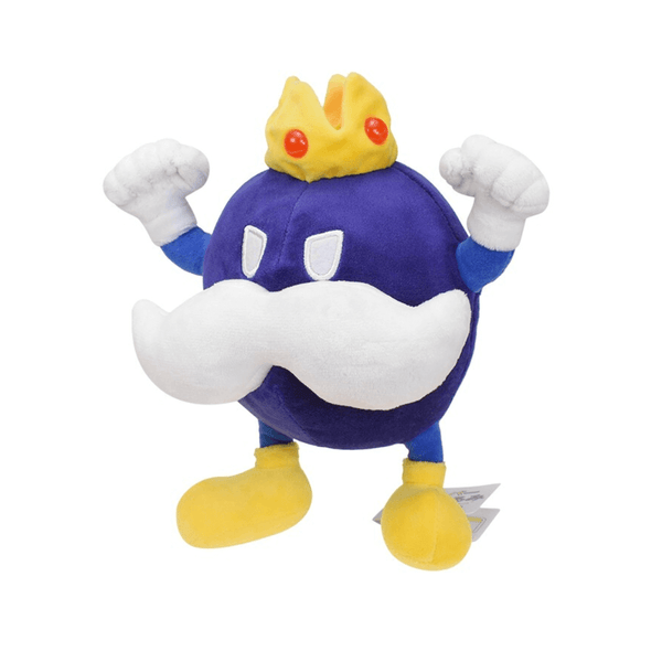 peluche Roi Bob-omb ronde en tissu bleu violet, avec couronne jaune, moustache blanche et gants rembourrés