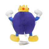 Peluche peluche Roi Bob-omb violette en tissu doux, avec couronne jaune, gants blancs et grandes chaussures jaunes.