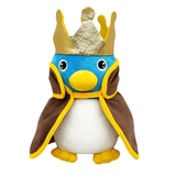 Peluche Roi Pingouin aux plumes bleues et blanches, bec et pieds jaunes, cape brune et couronne dorée