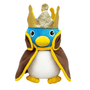 Peluche Roi Pingouin aux plumes bleues et blanches, bec et pieds jaunes, cape brune et couronne dorée