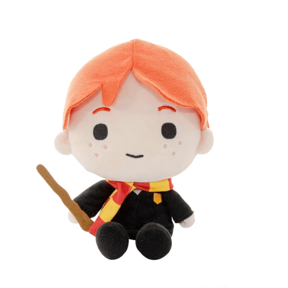 Peluche Ron Weasley aux cheveux orange, en tissu doux, avec robe noire, écharpe rouge et jaune et baguette.