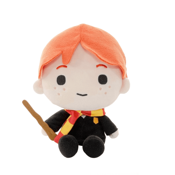 Peluche Ron Weasley aux cheveux orange, en tissu doux, avec robe noire, écharpe rouge et jaune et baguette.