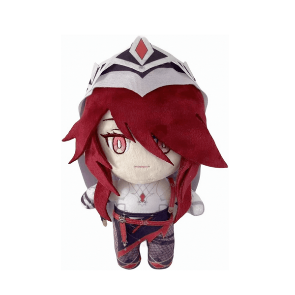 peluche Rosalia aux cheveux rouges, vêtue d’un costume gris et noir avec une coiffe ornée d’un losange rouge