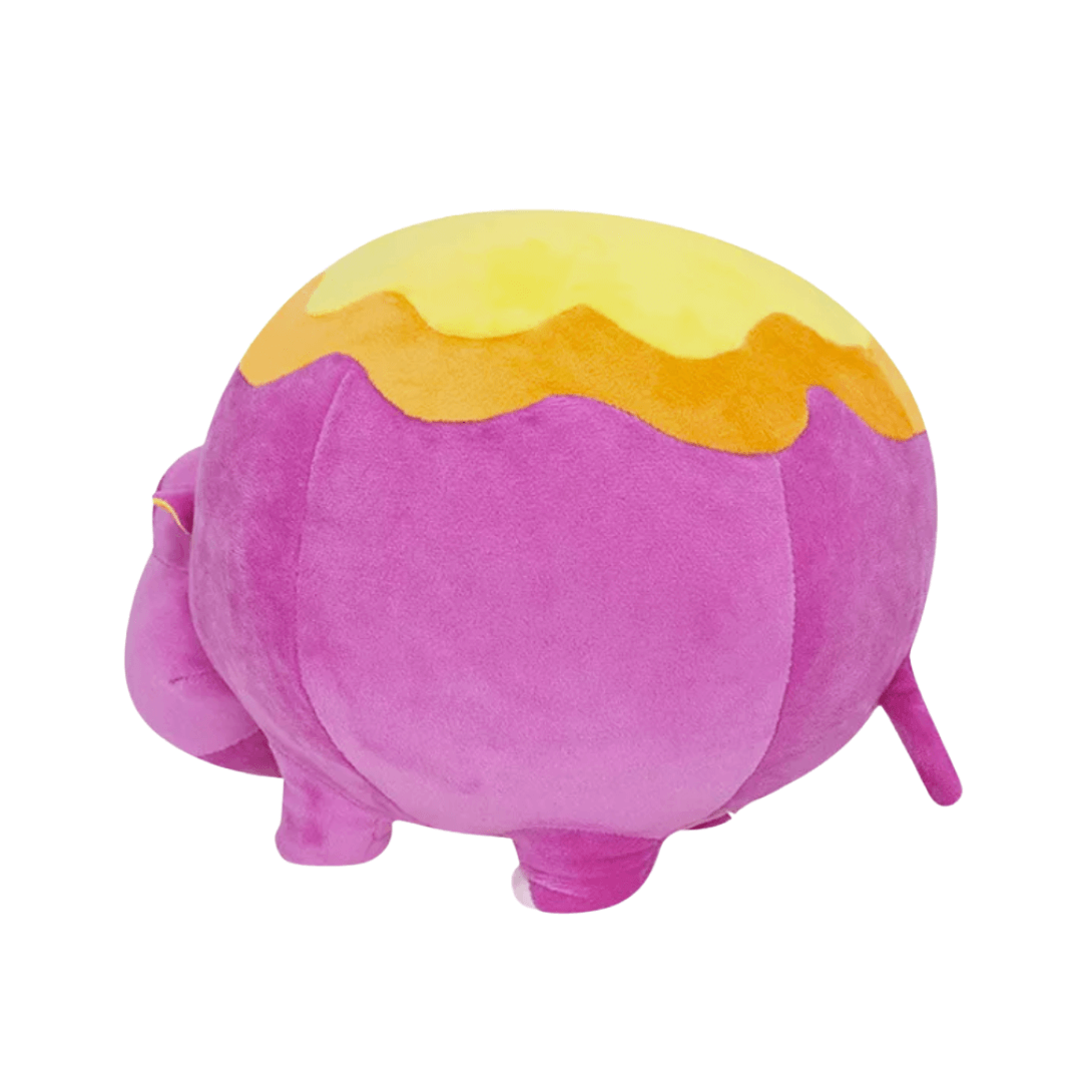 Peluche Roulipo rose-violet en tissu doux, au corps rond surmonté d’un motif ondulé jaune et orange
