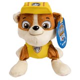 peluche Ruben marron et crème en tissu doux, vêtu d’un gilet et d’un casque jaunes avec écusson Pat Patrouille