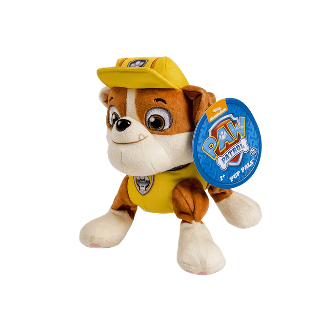 peluche Ruben Pat Patrouille marron et crème, avec uniforme et casquette jaunes, oreilles tombantes et écusson bleu