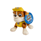 peluche Ruben Pat Patrouille marron et crème, avec uniforme et casquette jaunes, oreilles tombantes et écusson bleu