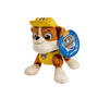 peluche Ruben Pat Patrouille marron et crème, avec uniforme et casquette jaunes, oreilles tombantes et écusson bleu