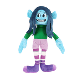 peluche Ruby en tissu bleu clair et vert, avec longs cheveux bleu foncé, short rose et longues jambes violettes rayées