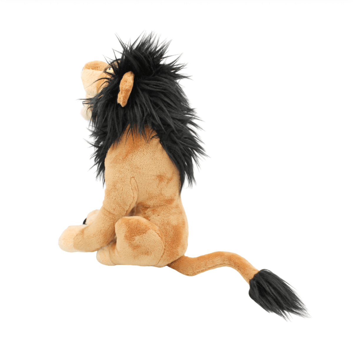 peluche Scar aux tons fauves, en tissu doux, avec une crinière noire hirsute et une longue queue touffue