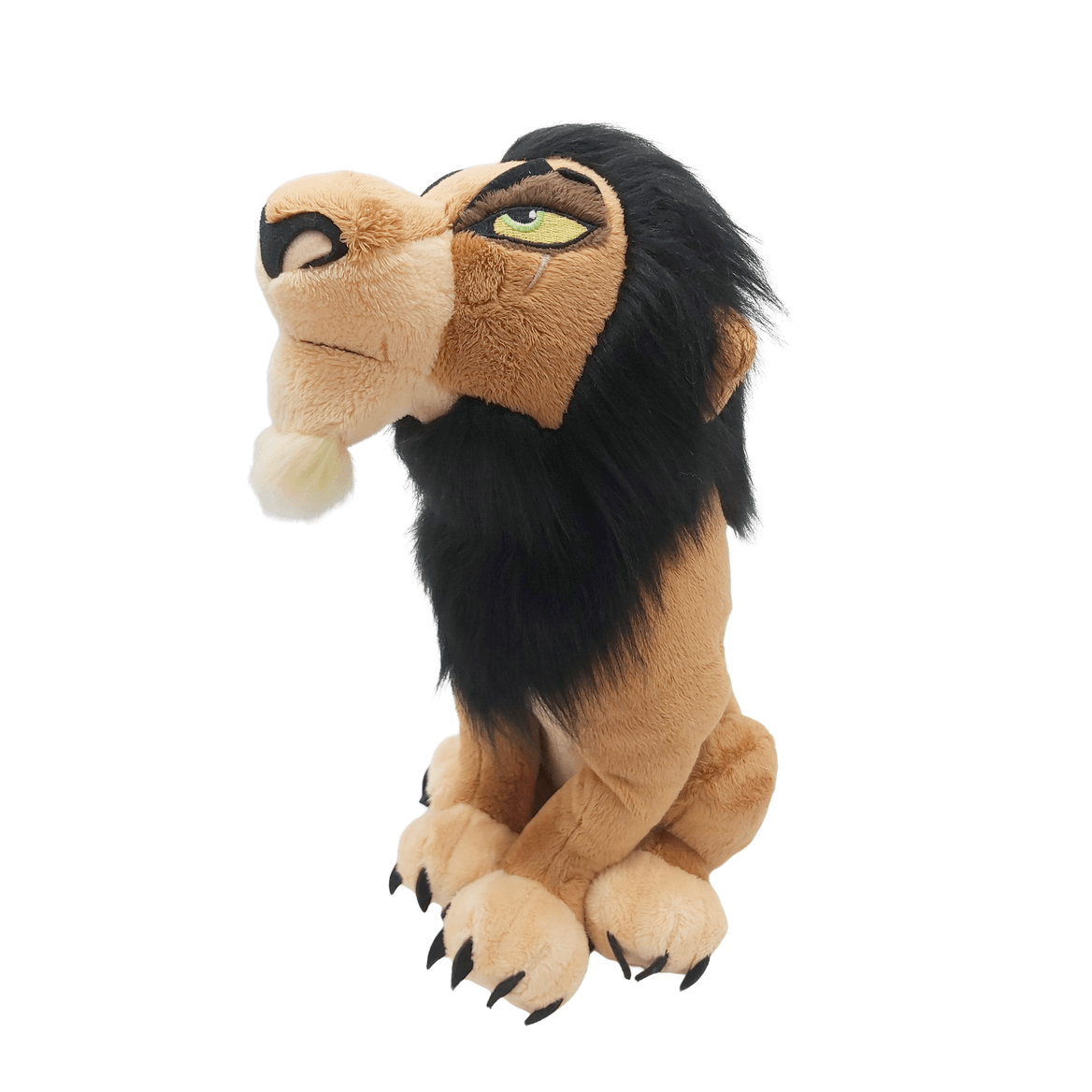 Peluche Scar fauve au visage beige, à la crinière noire et aux yeux jaunes, avec des griffes brodées.