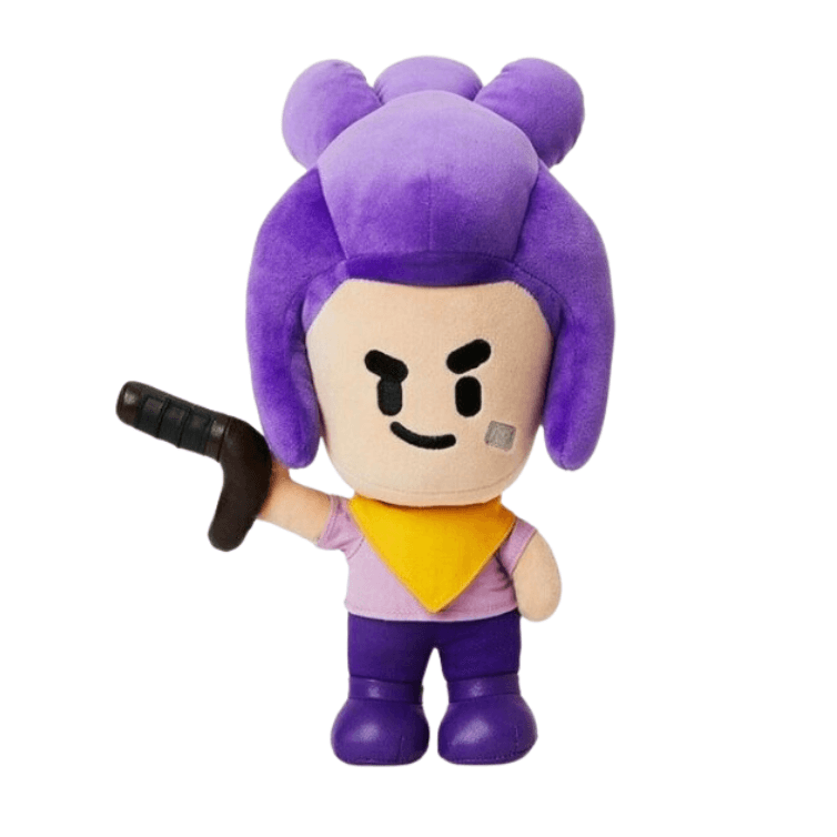 Peluche Shelly violette en tissu doux, avec cheveux en forme de chignon, foulard jaune et fusil noir.