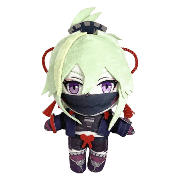 Peluche peluche Shinobu aux cheveux vert clair, yeux violets et masque noir, vêtue d’un uniforme violet et noir
