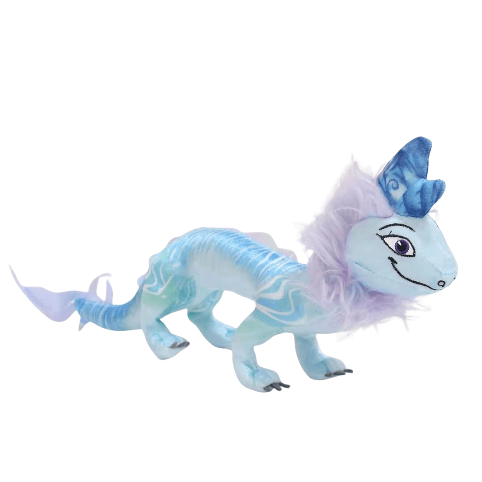 Peluche peluche Sisu bleue et turquoise en tissu doux, avec crinière lavande, motifs ondulés et cornes bleues.