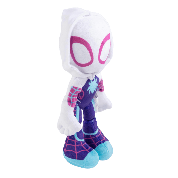 Peluche Spider-Man en costume blanc, violet et turquoise, avec capuche et grands motifs roses autour des yeux.