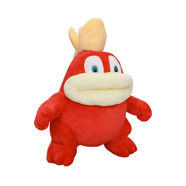 Peluche Spike de Feu rouge en tissu doux, avec une grande bouche beige, des yeux bleus et une crête jaune.