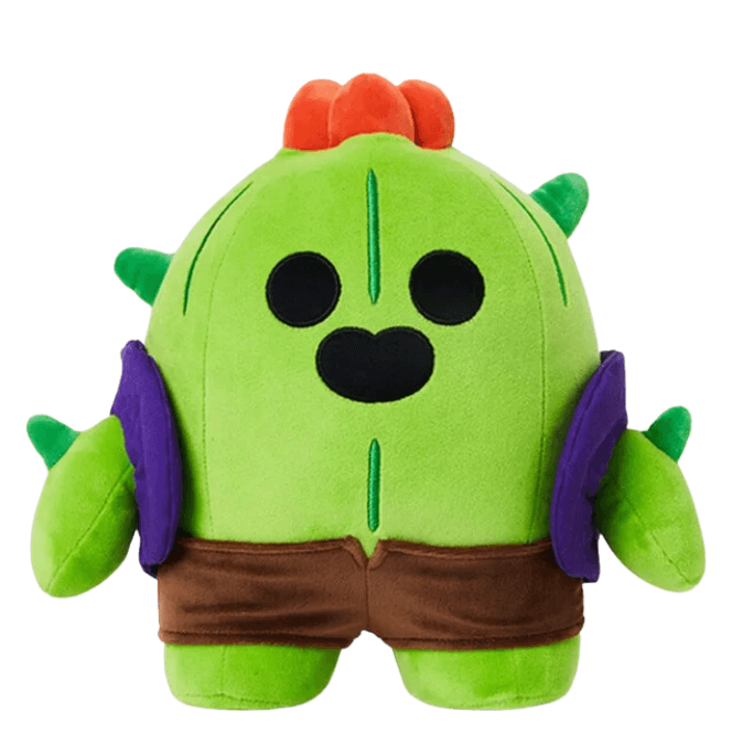 Peluche Spike verte en tissu doux, avec des épines, des fleurs orange sur la tête et un short brun.