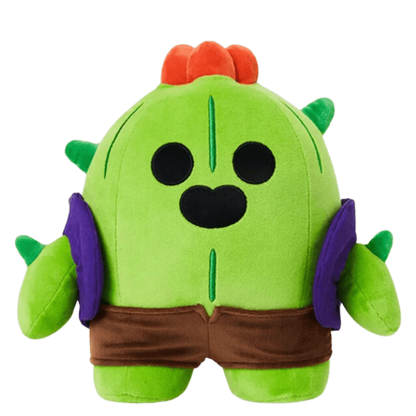 Peluche Spike verte en tissu doux, avec des épines, des fleurs orange sur la tête et un short brun.