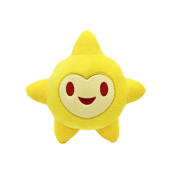 Peluche Star jaune en tissu doux, avec cinq pointes, un visage souriant brodé et des yeux ovales rouges