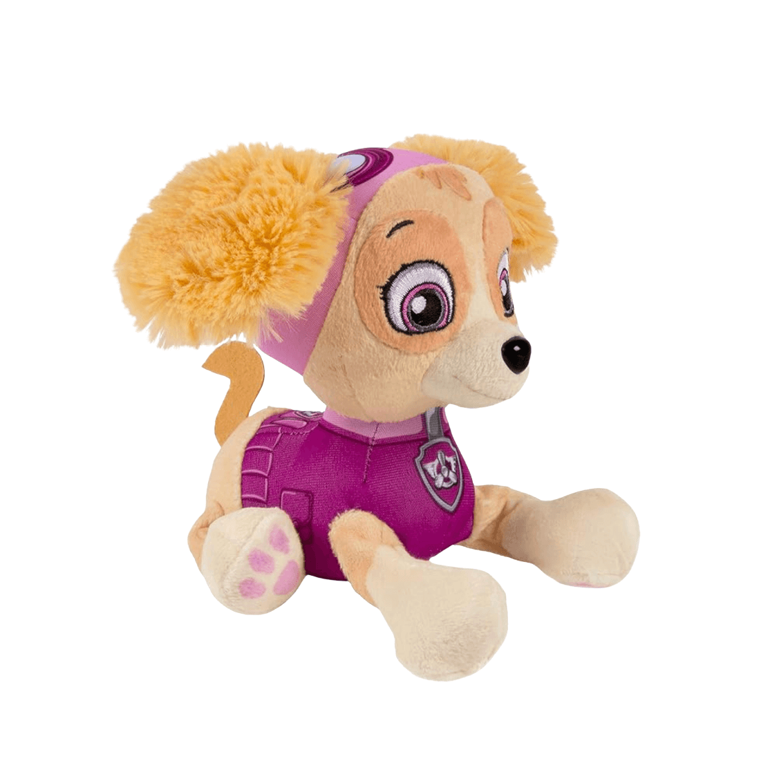 Peluche Stella beige et magenta, en tissu doux, avec de grandes oreilles duveteuses et un insigne Pat Patrouille.