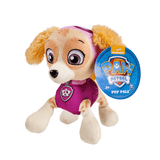 Peluche Stella beige et brune, avec de grands yeux, des oreilles duveteuses et une tenue rose à emblème Pat Patrouille