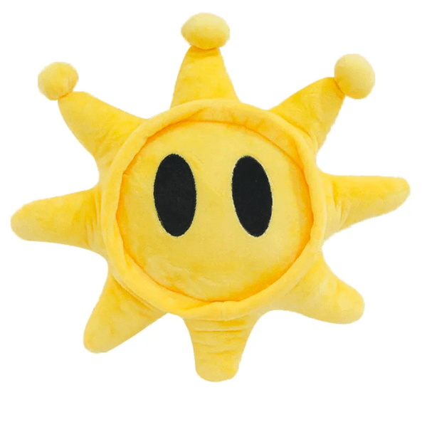 Peluche Sunshine jaune en tissu doux, avec un visage rond aux yeux noirs et des rayons terminés par des boules.