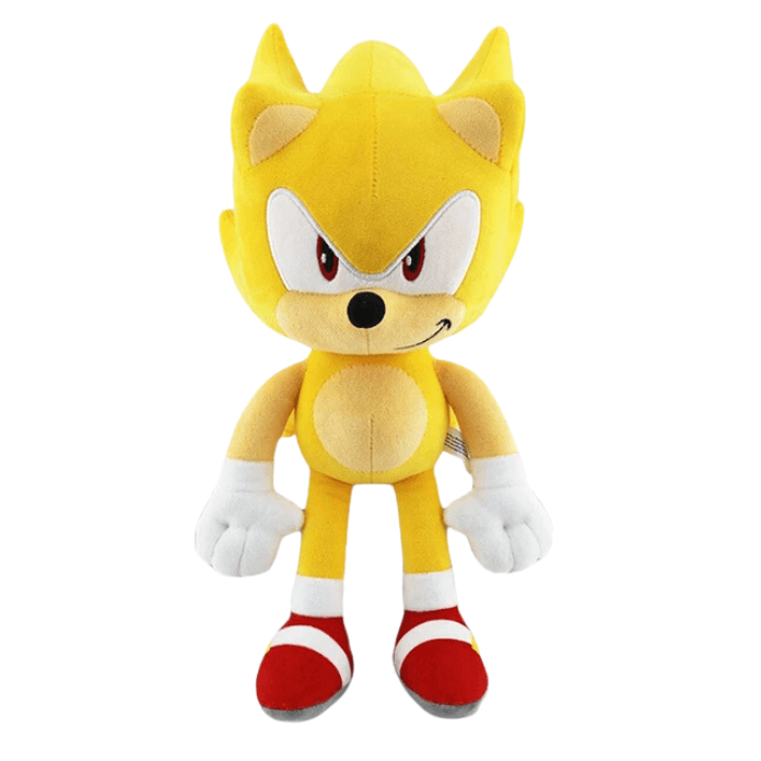Peluche Super Sonic jaune en tissu doux, avec ventre beige, yeux rouges, gants blancs et chaussures rouges.