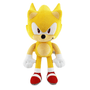 Peluche Super Sonic jaune en tissu doux, avec ventre beige, yeux rouges, gants blancs et chaussures rouges.