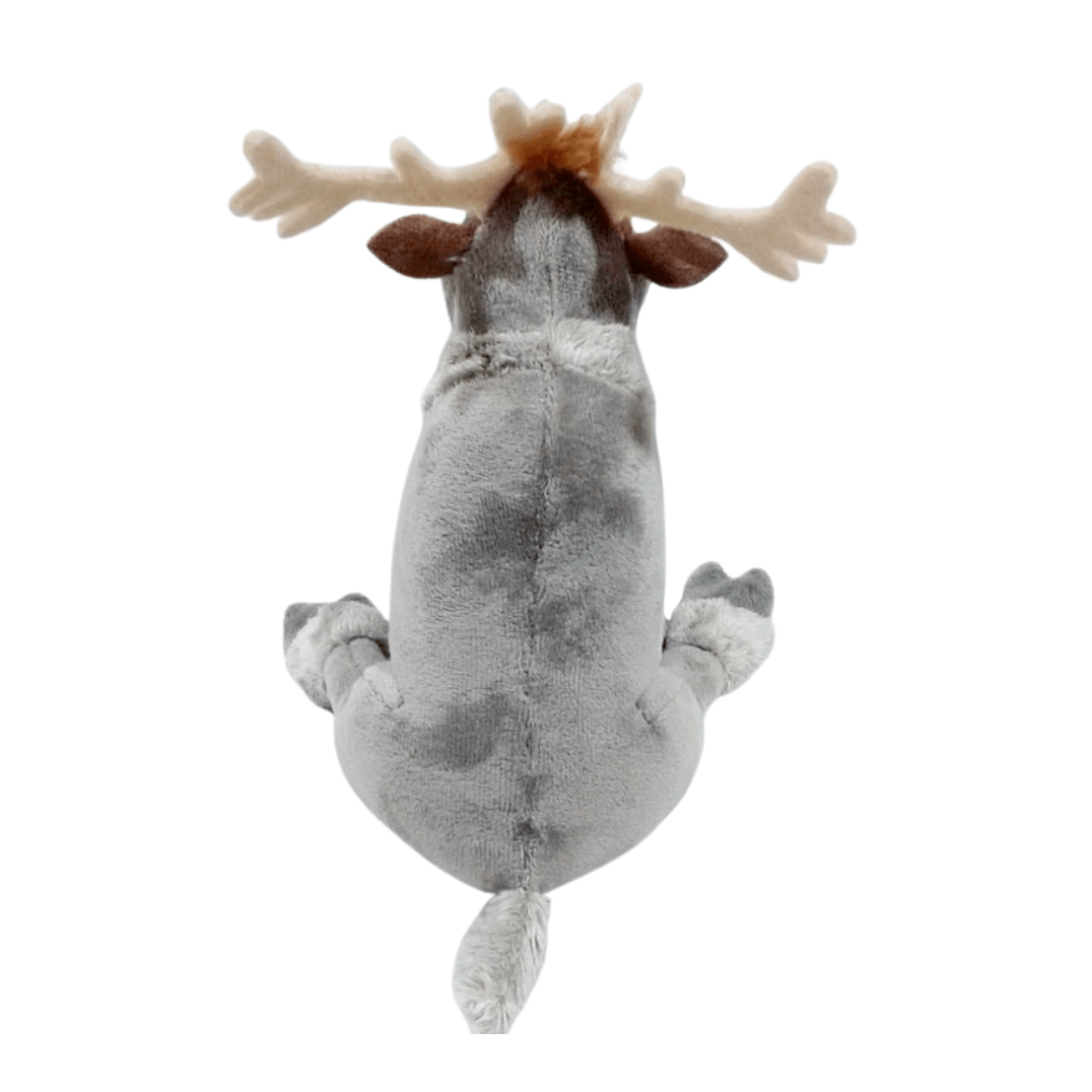 Peluche Sven en tissu gris doux, vue de dos, avec bois beige, oreilles brunes et petite queue.