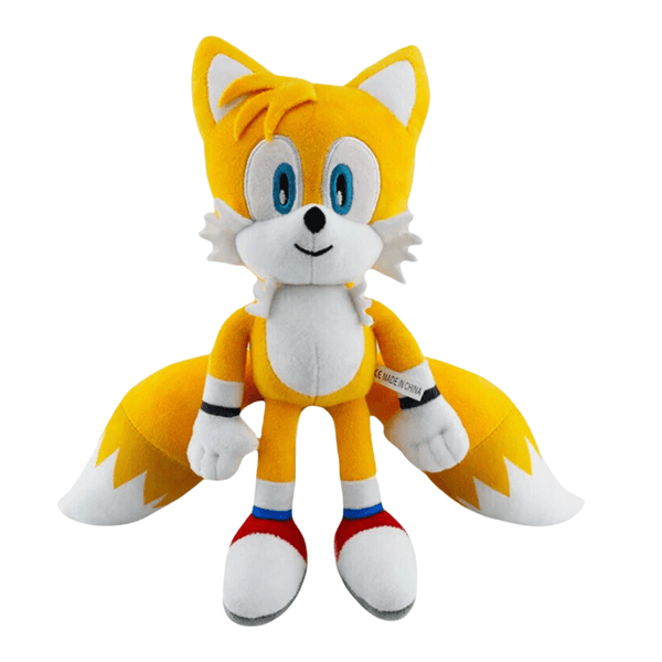 Peluche Tails jaune et blanc en tissu doux, avec deux queues, de grands yeux bleus et des chaussures rouges