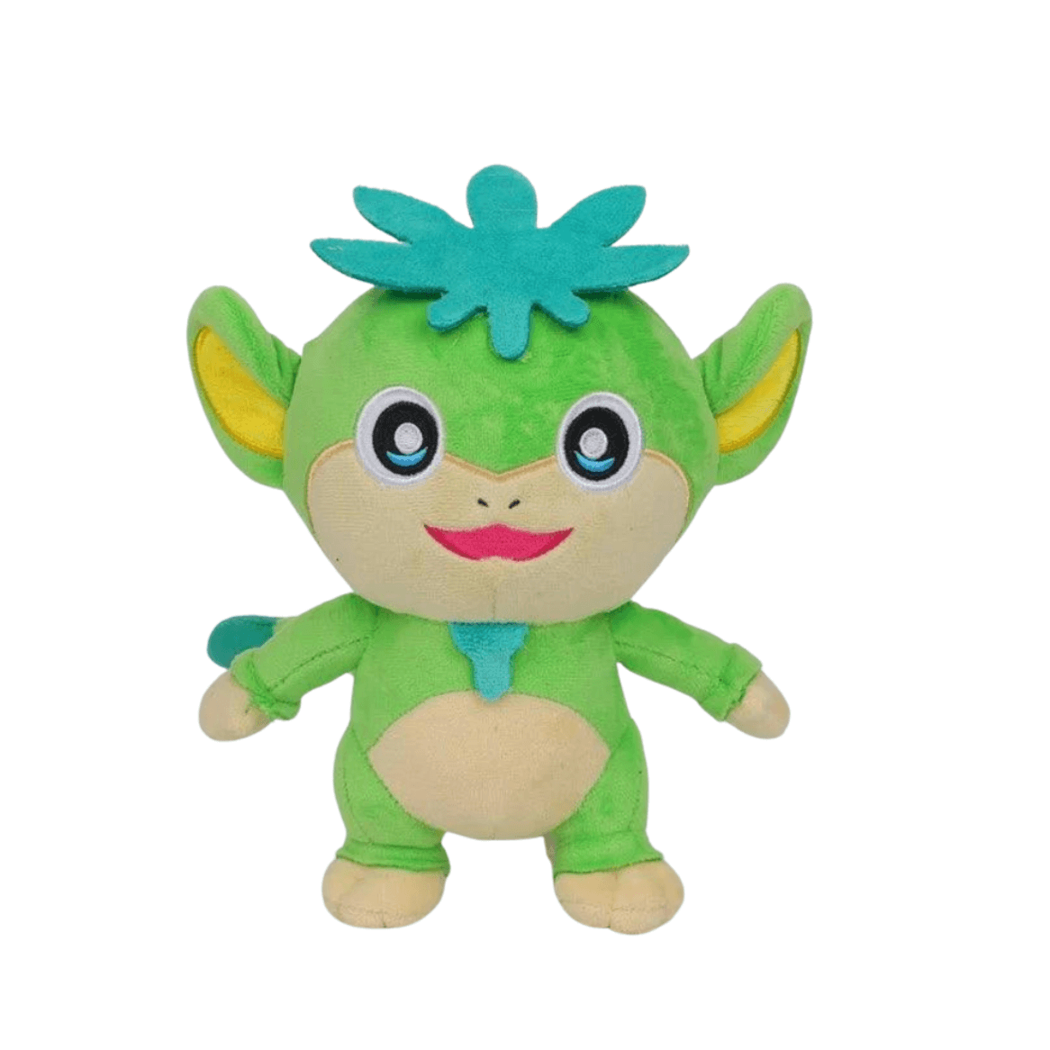 Peluche Tanzee verte en tissu doux, avec visage beige, grandes oreilles jaunes, yeux ronds et touffe turquoise