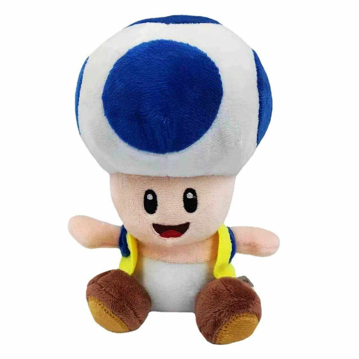 Peluche Toad aux couleurs blanc et bleu, avec une grande tache bleue, un visage souriant et des chaussures brunes.