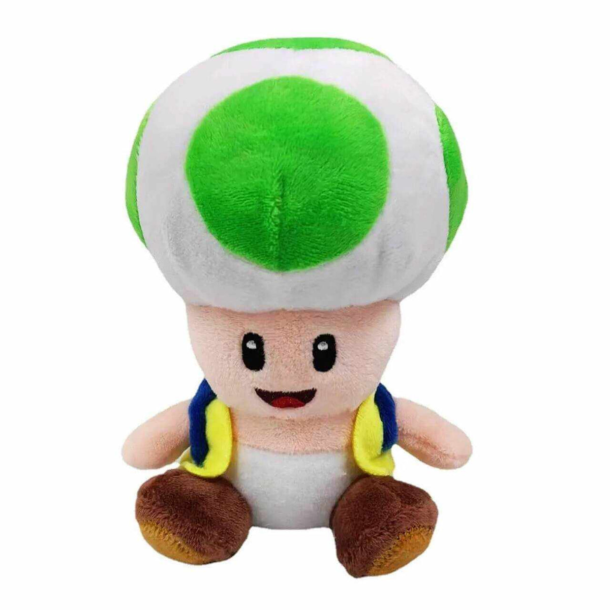 Peluche Toad avec un grand chapeau blanc à pois verts, un visage souriant et une tenue aux détails bleus et jaunes.