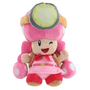 Peluche Toadette rose et beige, avec une grande coiffe à pois, une visière jaune et grise et un nœud rouge.