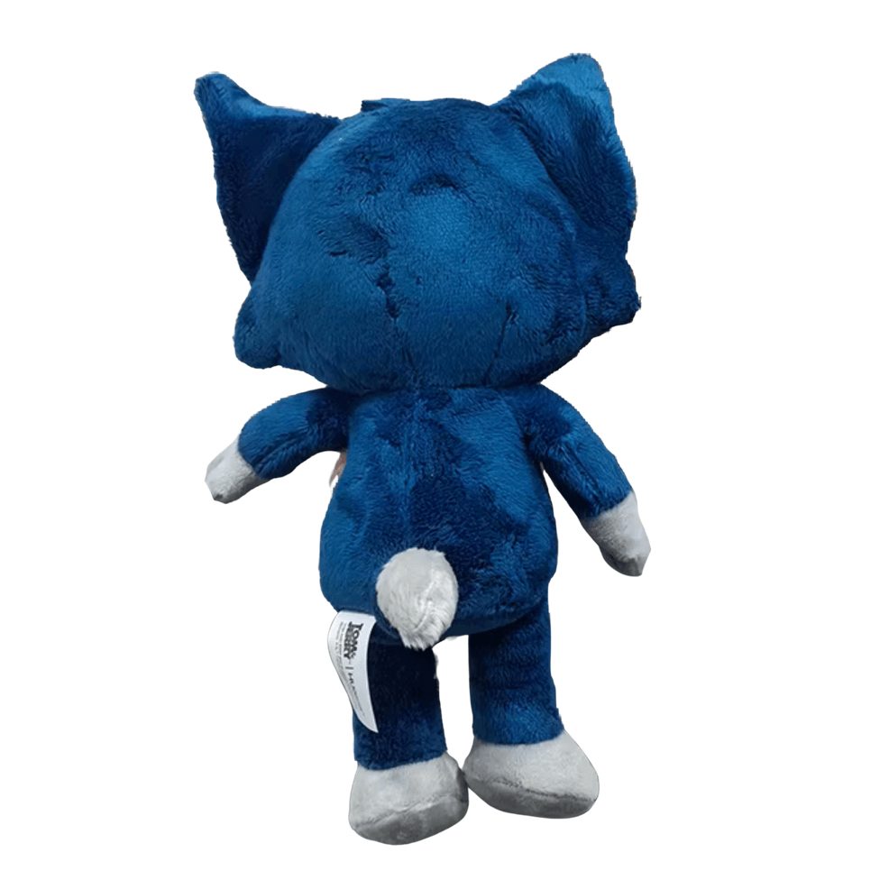 Peluche Tom bleue en tissu doux, vue de dos, avec oreilles pointues, extrémités blanches et petite queue ronde.