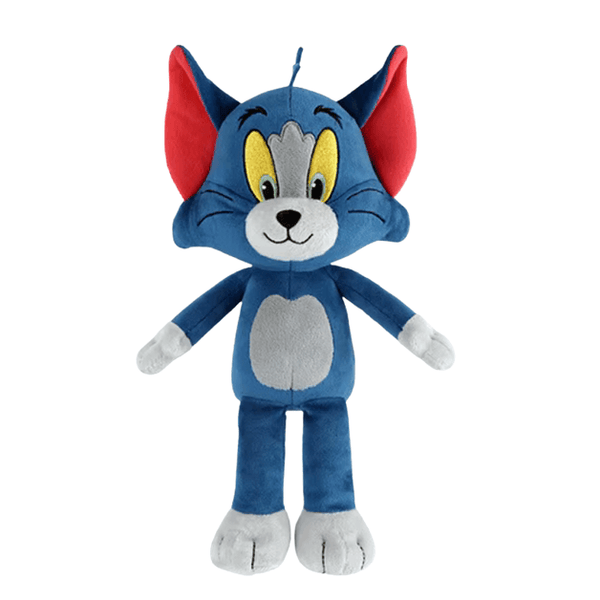 peluche Tom en tissu bleu avec de grandes oreilles rouges, un ventre gris et des yeux jaunes expressifs