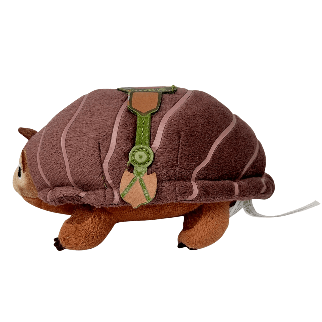 peluche Tuk Tuk marron en peluche douce, carapace bombée à motifs courbes et harnais vert décoratif