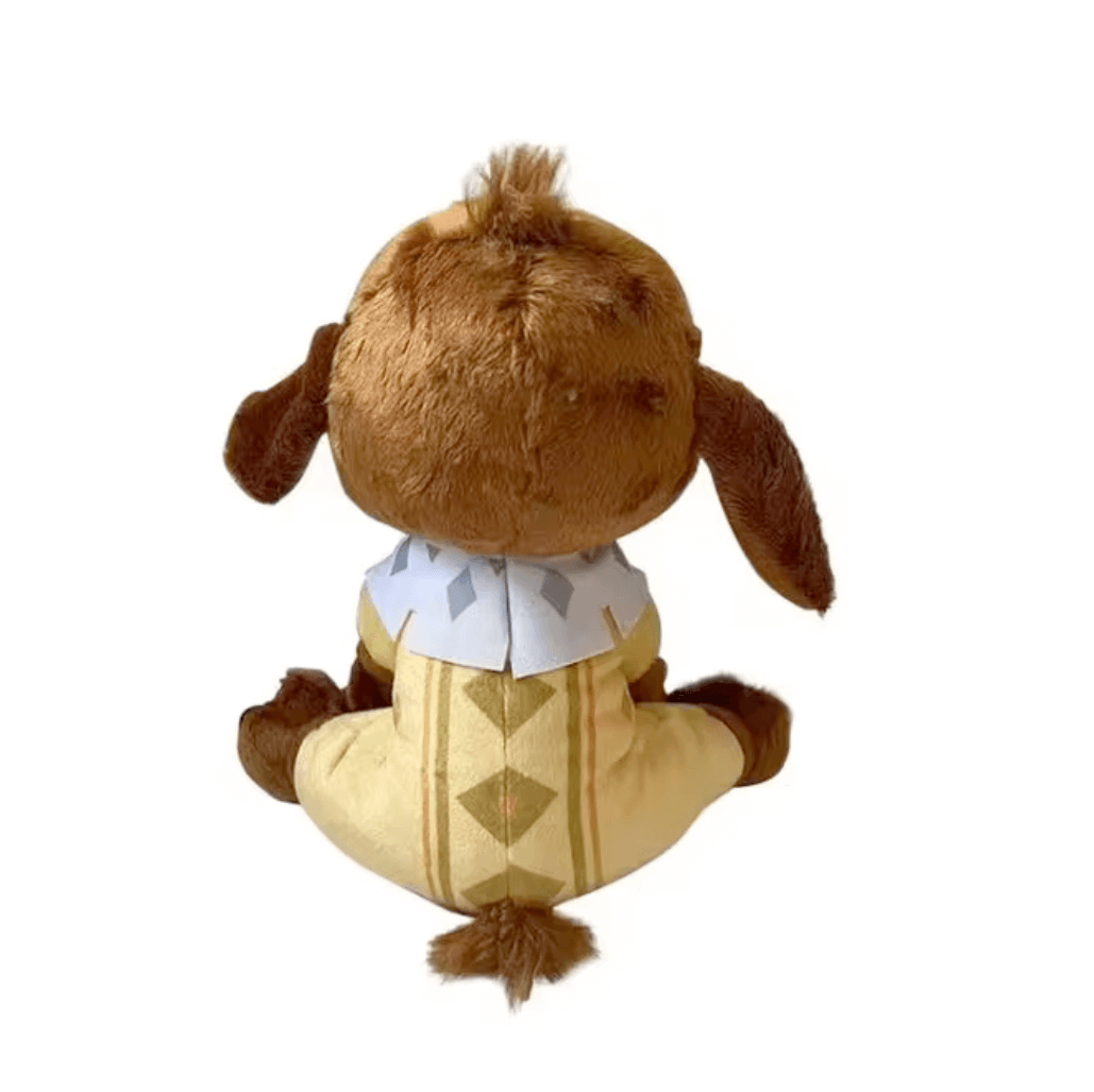 peluche Valentino brune et beige en tissu doux, vue de dos, avec motifs géométriques sur le corps et petite touffe de poils