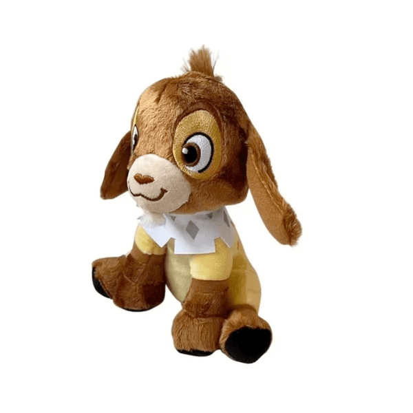 Peluche Valentino brune et beige en tissu doux, avec de longues oreilles, de grands yeux brodés et un col blanc à losange.
