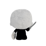 peluche Voldemort grise et noire en tissu doux, vue de dos avec une tête ronde et une baguette grise