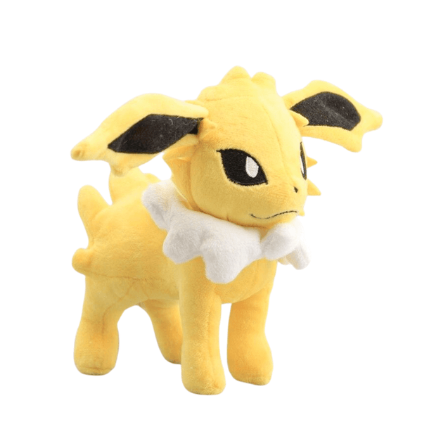 peluche Voltali jaune et blanche en tissu doux, avec oreilles pointues à l’intérieur noir et col de fourrure blanche