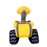 Peluche WALL-E jaune et gris en tissu, avec deux grandes roues noires à motifs bleus et une tête en forme de dôme.