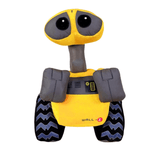 Peluche WALL-E jaune et grise en tissu, avec de grands yeux noirs, des bras carrés et des chenilles à motifs ondulés.