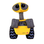 Peluche WALL-E jaune et grise en tissu, avec de grands yeux noirs, des bras carrés et des chenilles à motifs ondulés.