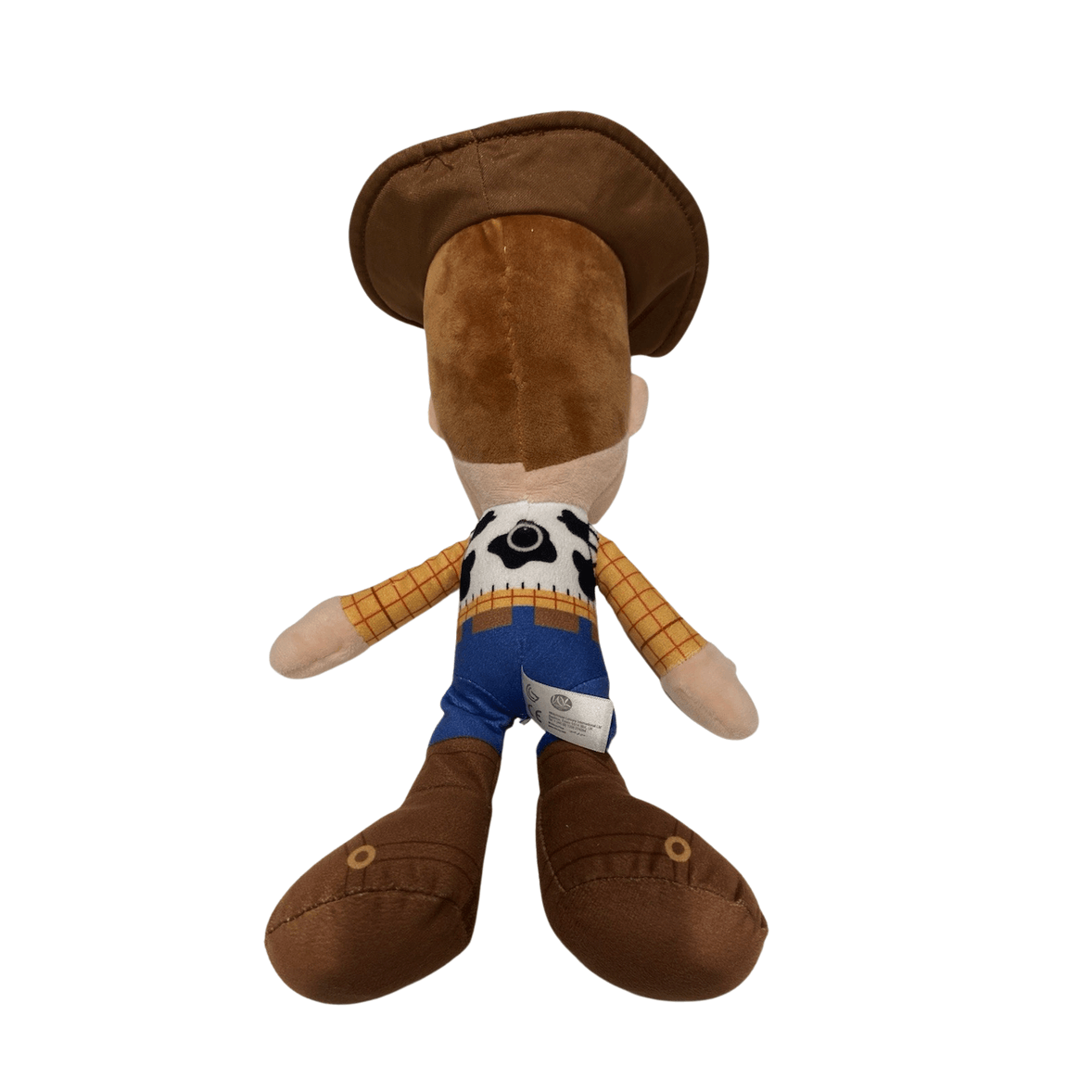 peluche Woody en tissu brun et jaune à carreaux, avec chapeau de cowboy, gilet blanc et pantalon bleu
