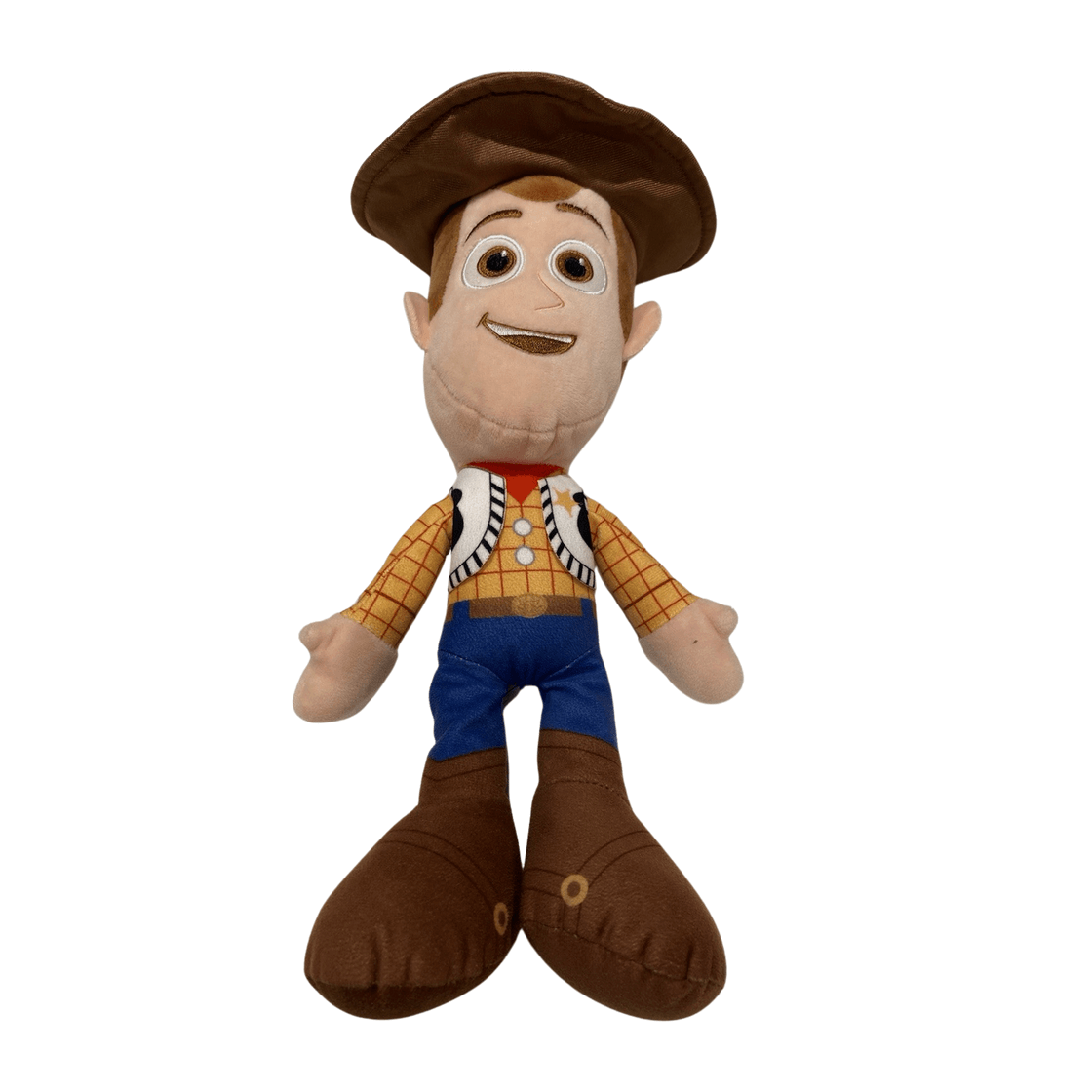 peluche Woody de cowboy en tissu beige, jaune et bleu, avec chapeau marron, chemise à carreaux et bottes.