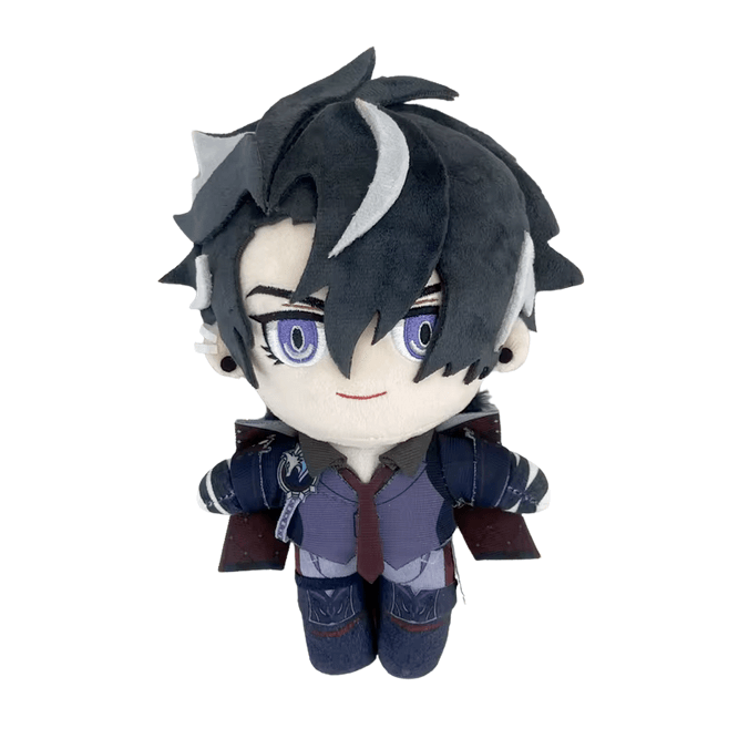 peluche Wriothesley en tissu, aux cheveux noirs et blancs, aux yeux violets et vêtue d’un costume bleu foncé et bordeaux