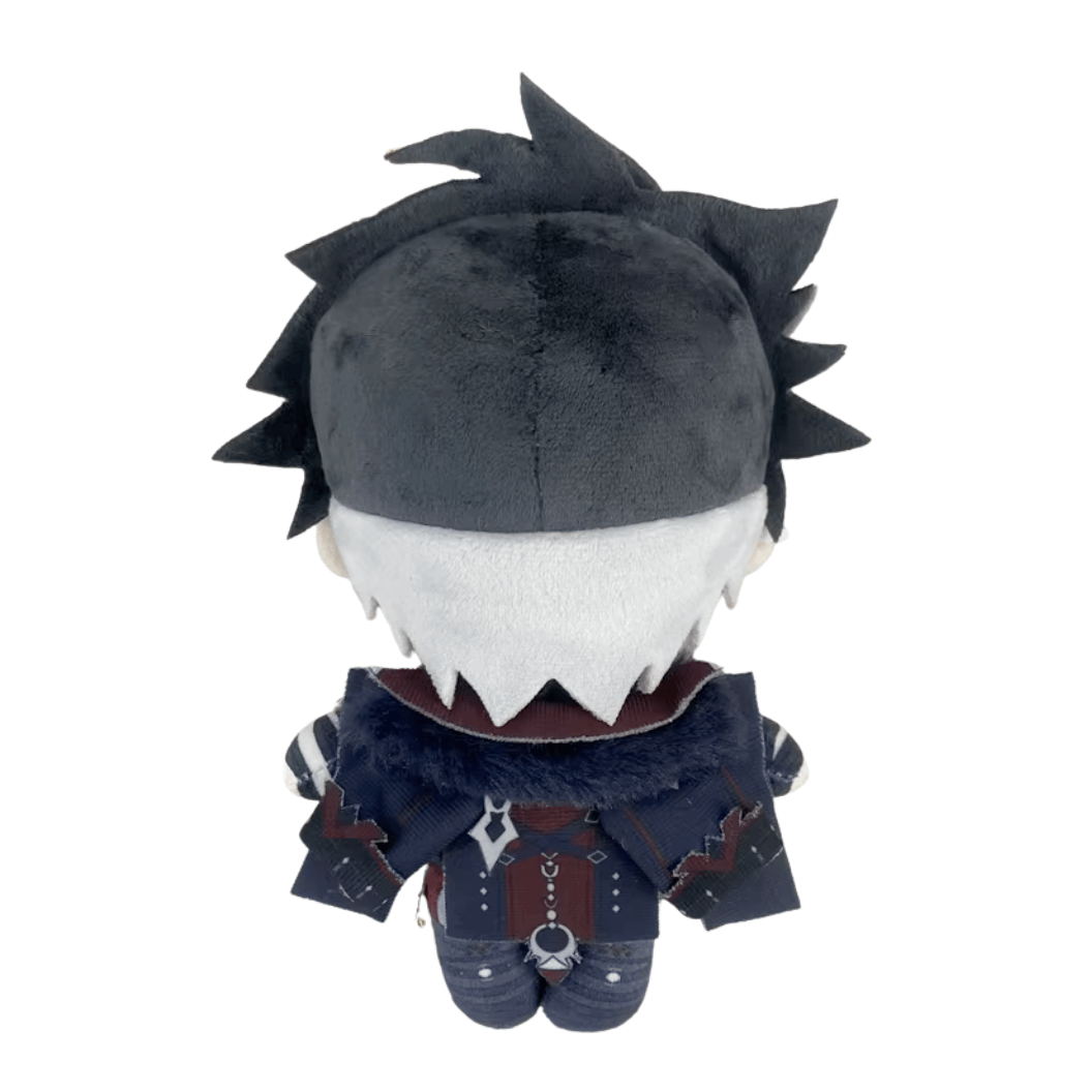peluche Wriothesley vue de dos, aux cheveux noirs en mèches, avec une veste bleu marine et bordeaux à détails décoratifs