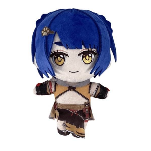 peluche Xiangling aux cheveux bleus, vêtue d’un costume brun et beige avec des yeux dorés brodés